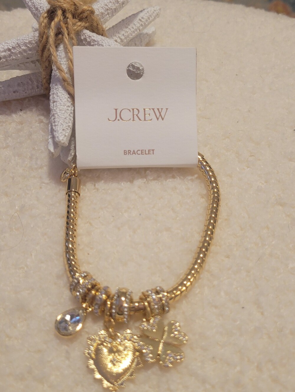 J. Crew Gold-Tone Charm Bracelet with Heart, Clover & Crystal Drop